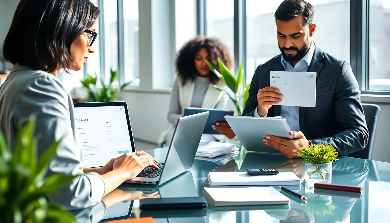 diverse freelancers working on invoices in a modern office.