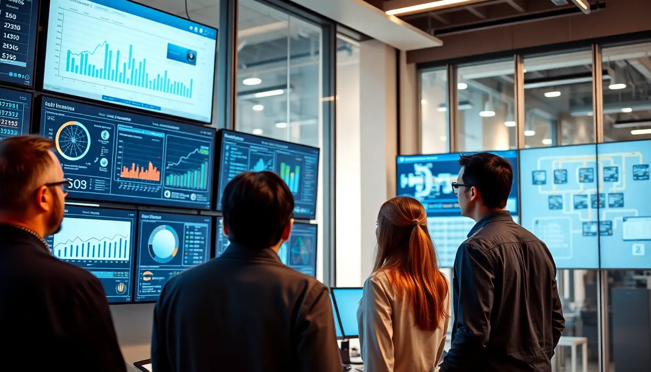 diverse team analyzing data in a modern control room.