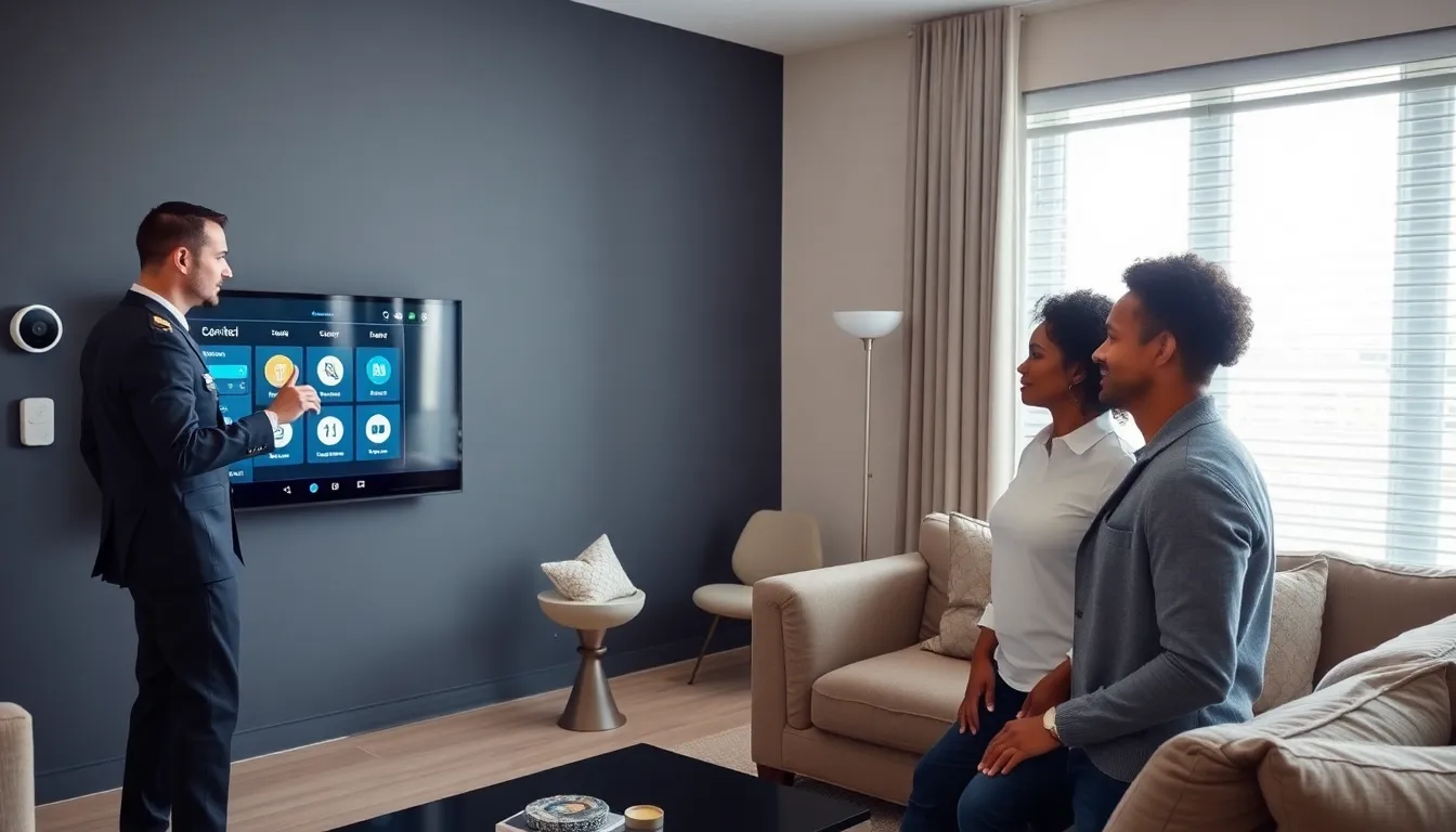 home automation installer demonstrating smart systems to a couple.