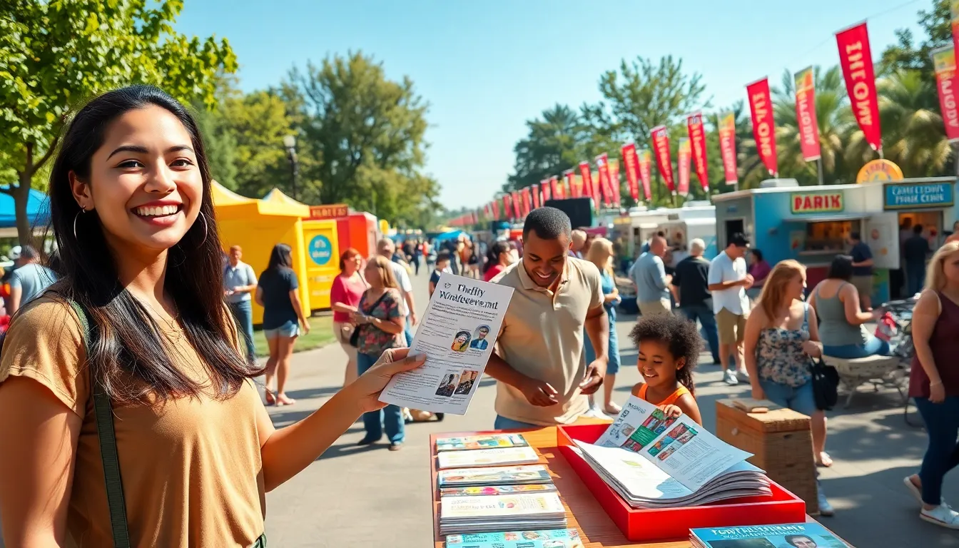A diverse crowd enjoying a local fair and community events in a sunny park.