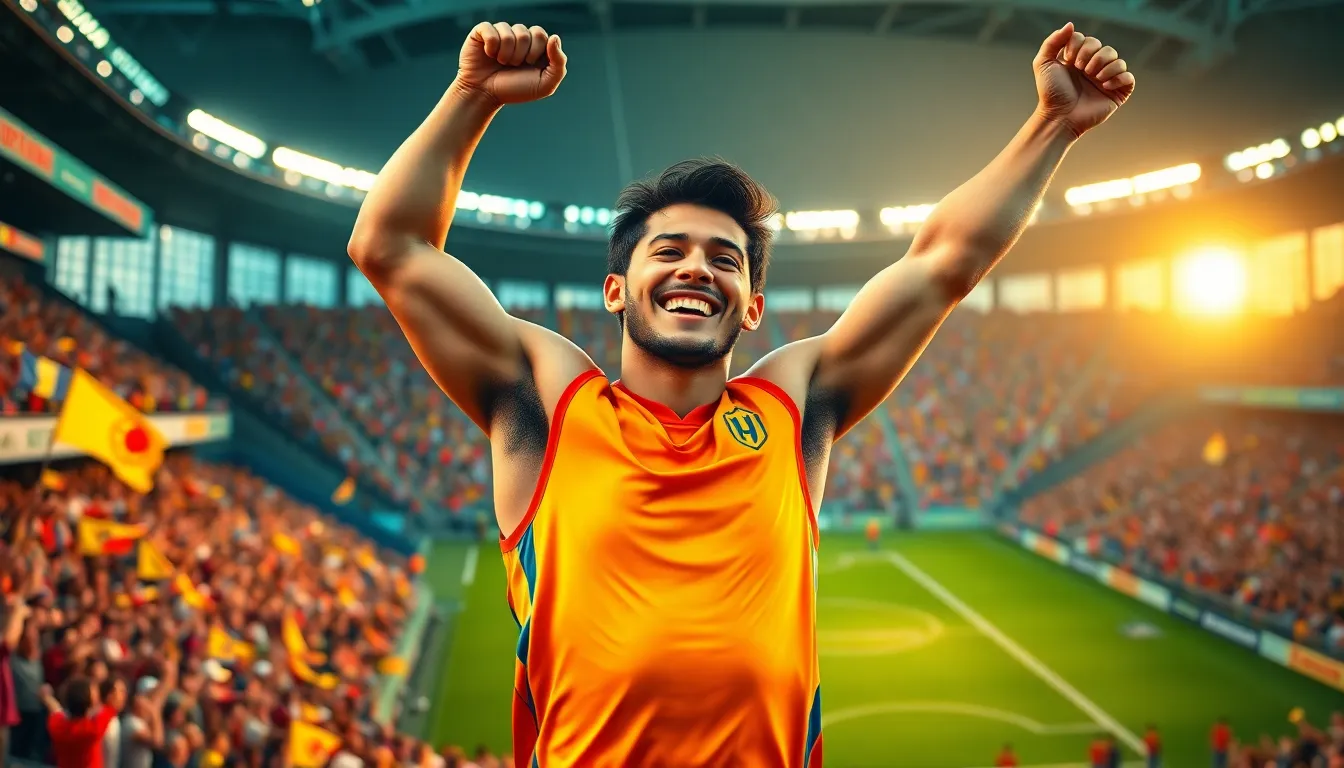 Neldanos Kimsel celebrating victory in a sports stadium full of fans.