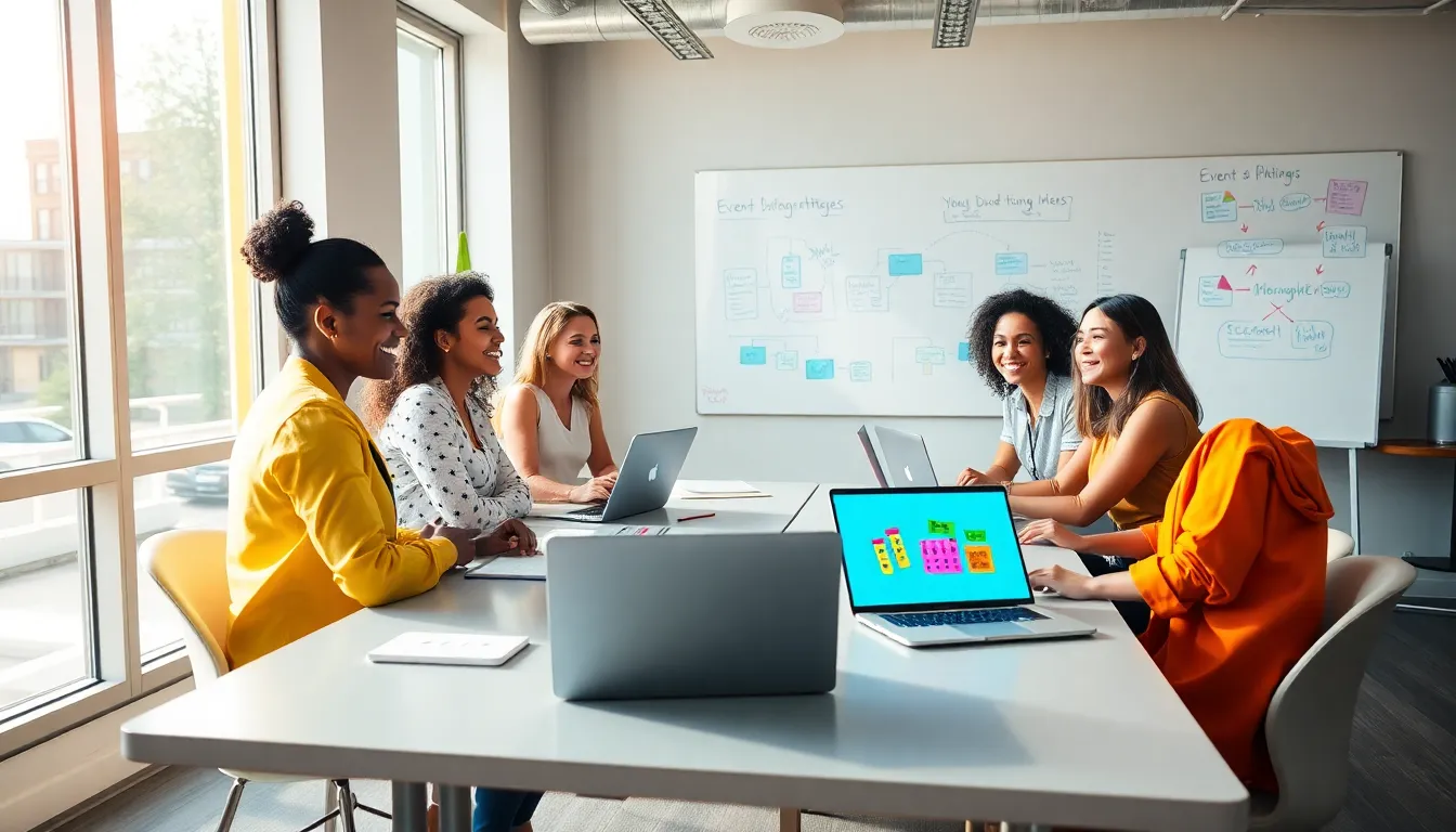 diverse team brainstorming event planning ideas in a modern office.
