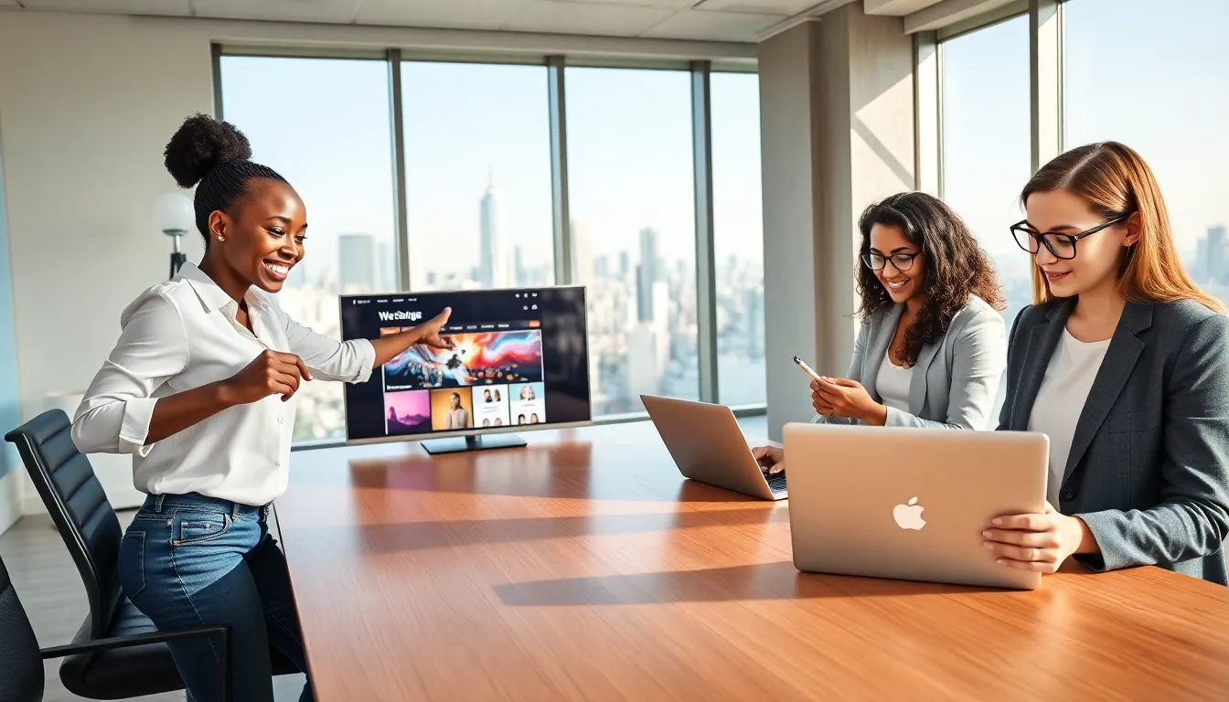 a diverse team collaborating on web design in a bright studio.