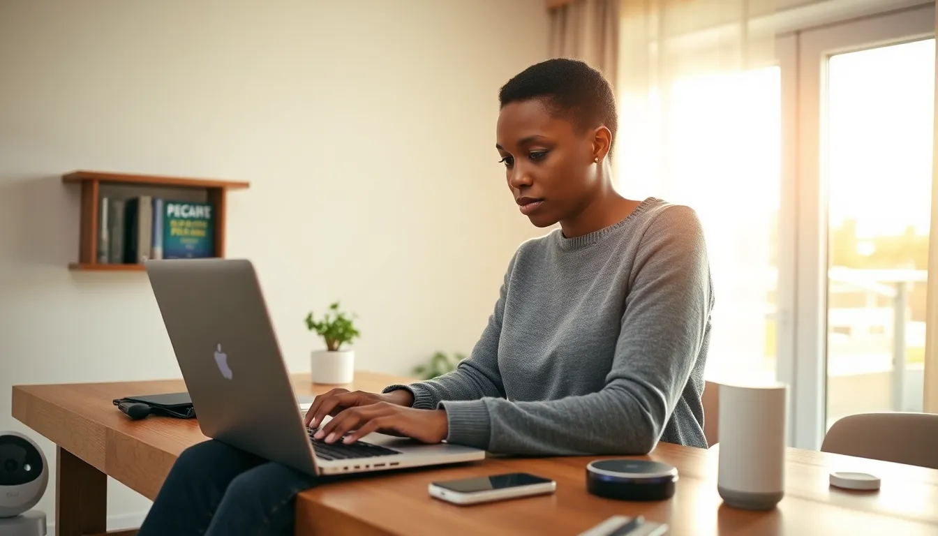 A woman securing her online life in a modern home office.