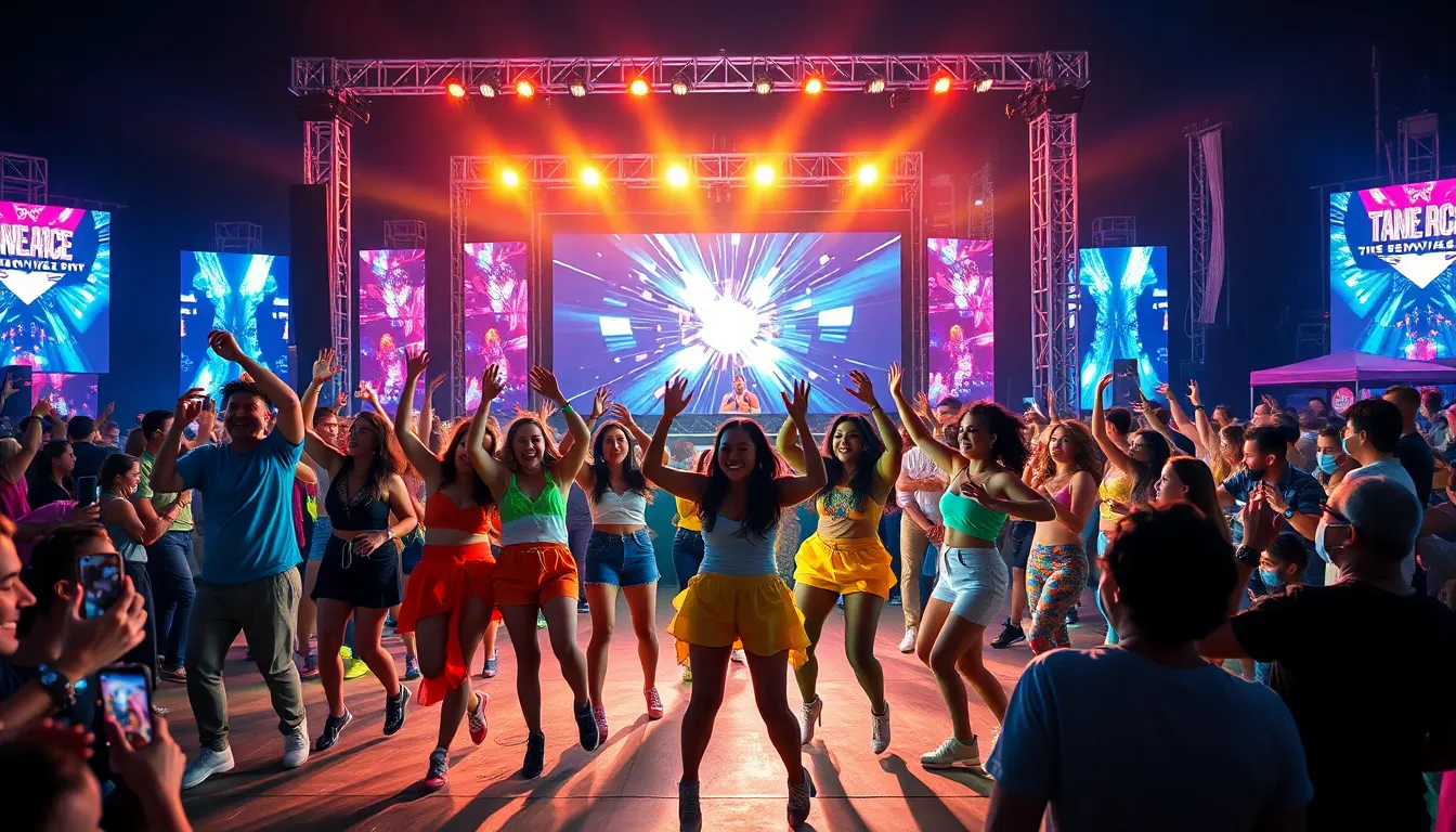 diverse dancers enjoying a vibrant music festival.