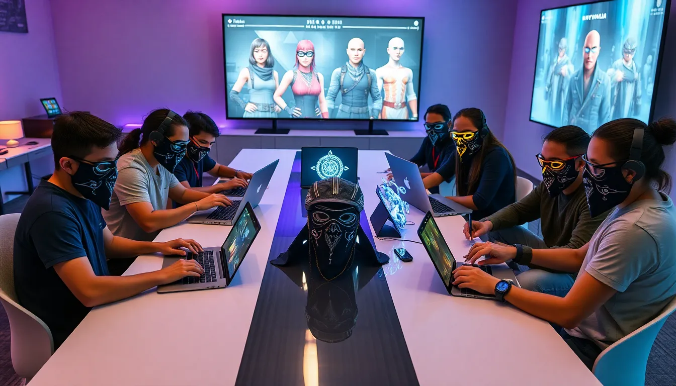 gamers customizing Skyrim face masks in a modern gaming room.