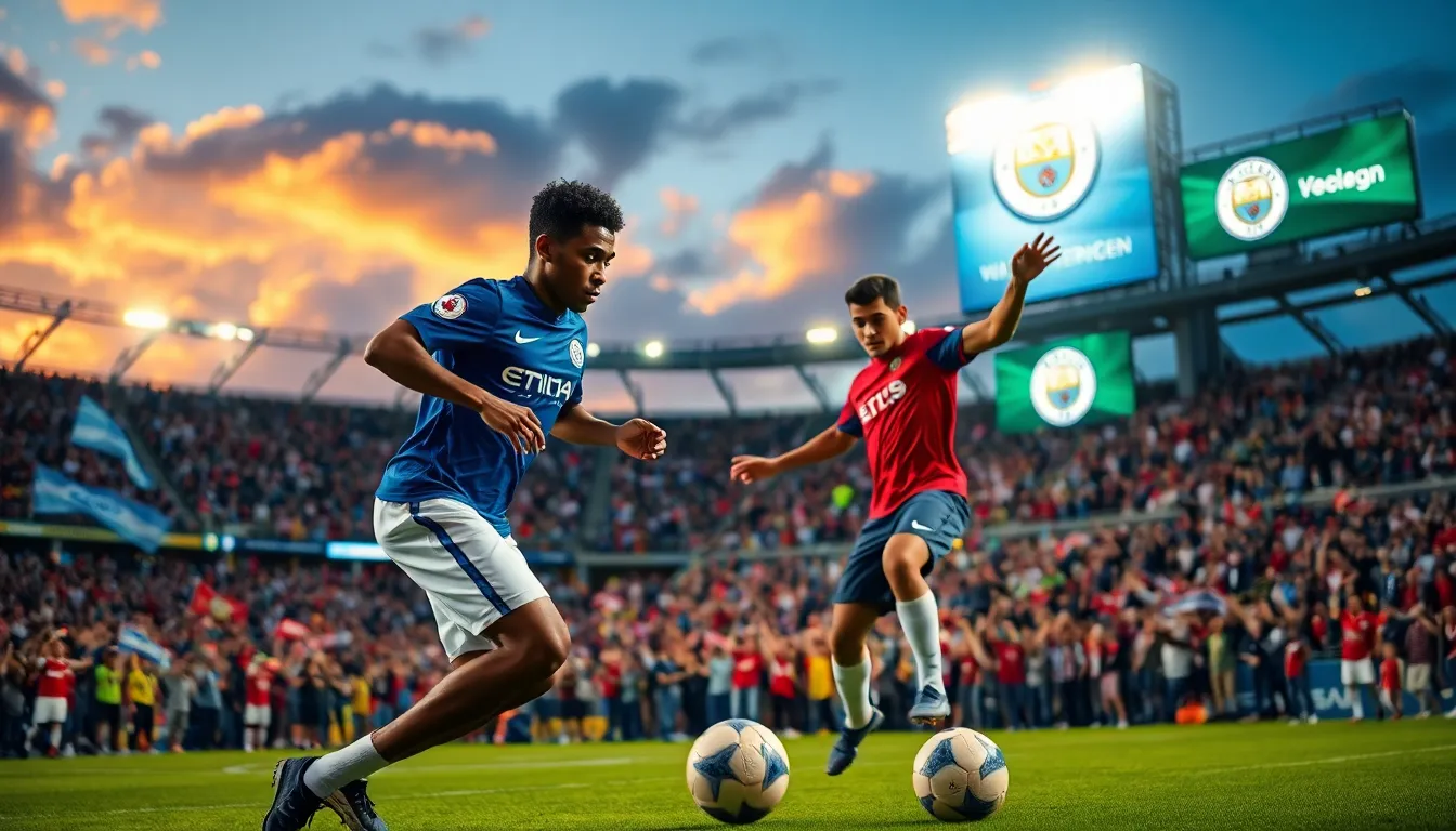 two football players competing in a packed stadium under stadium lights.