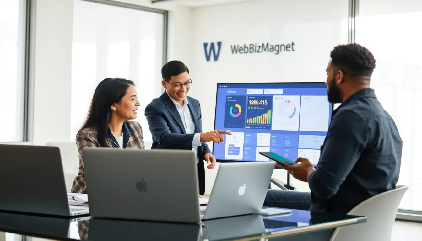 diverse team collaborating in a modern office on online business tools.