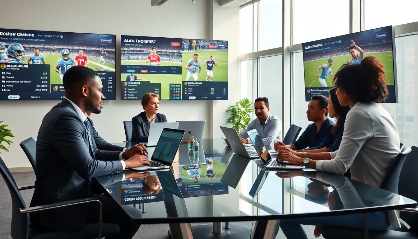 diverse team discussing sports analytics in a modern office setting.
