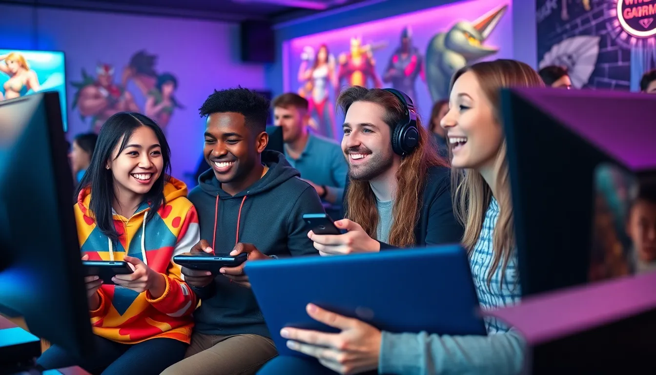 a diverse group of gamers enjoying video games in a vibrant, modern lounge.