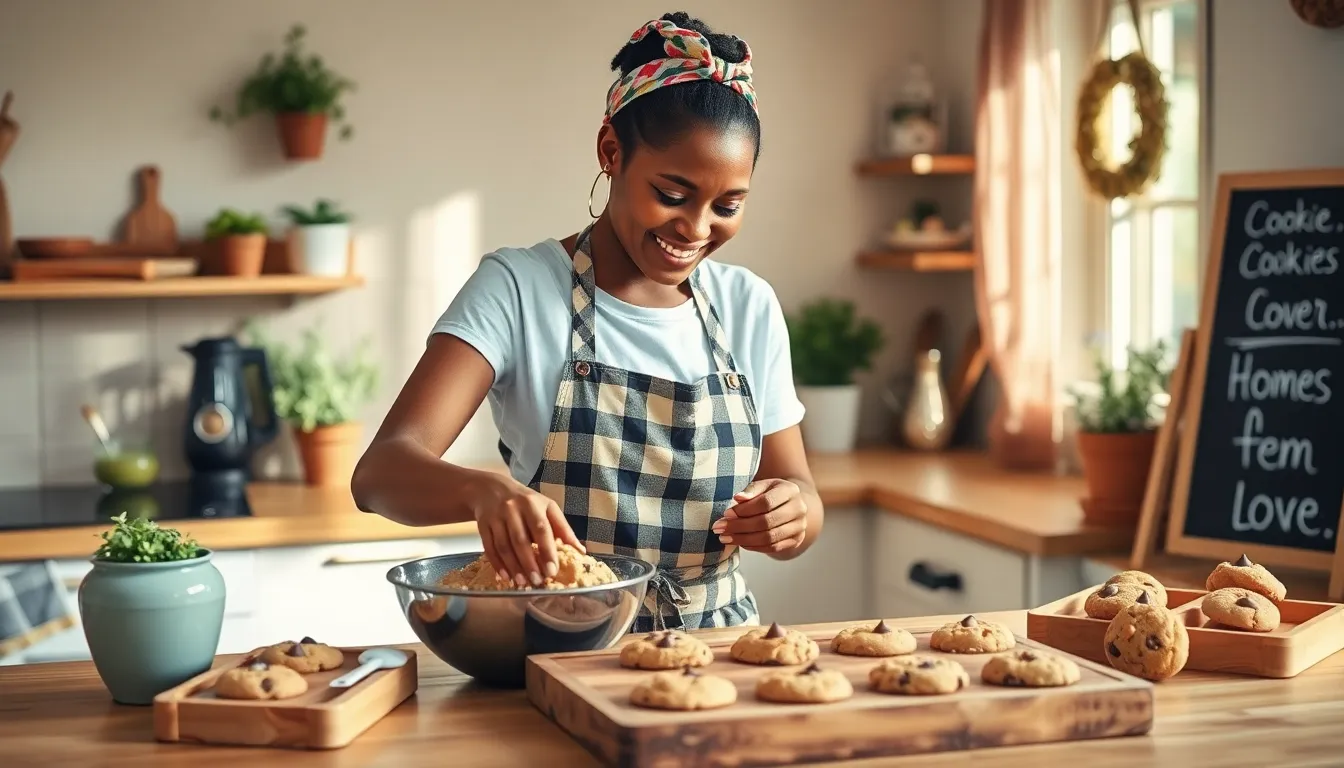 A woman baking cookies in a cozy kitchen, embodying warmth and nostalgia.