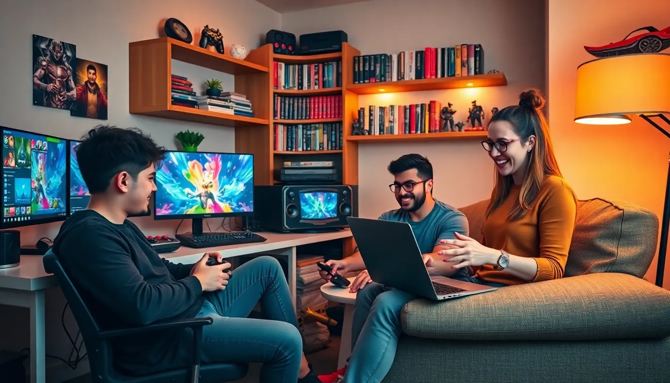 diverse gamers sharing experiences in a modern gaming setup.
