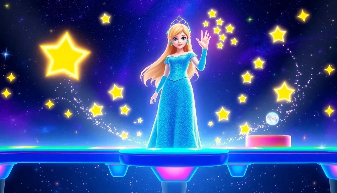 Rosalina summoning Lumas in a cosmic game setting.
