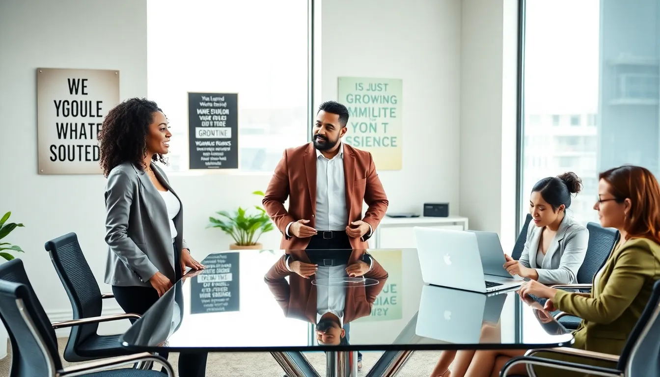diverse professionals discussing empowerment in a modern office.