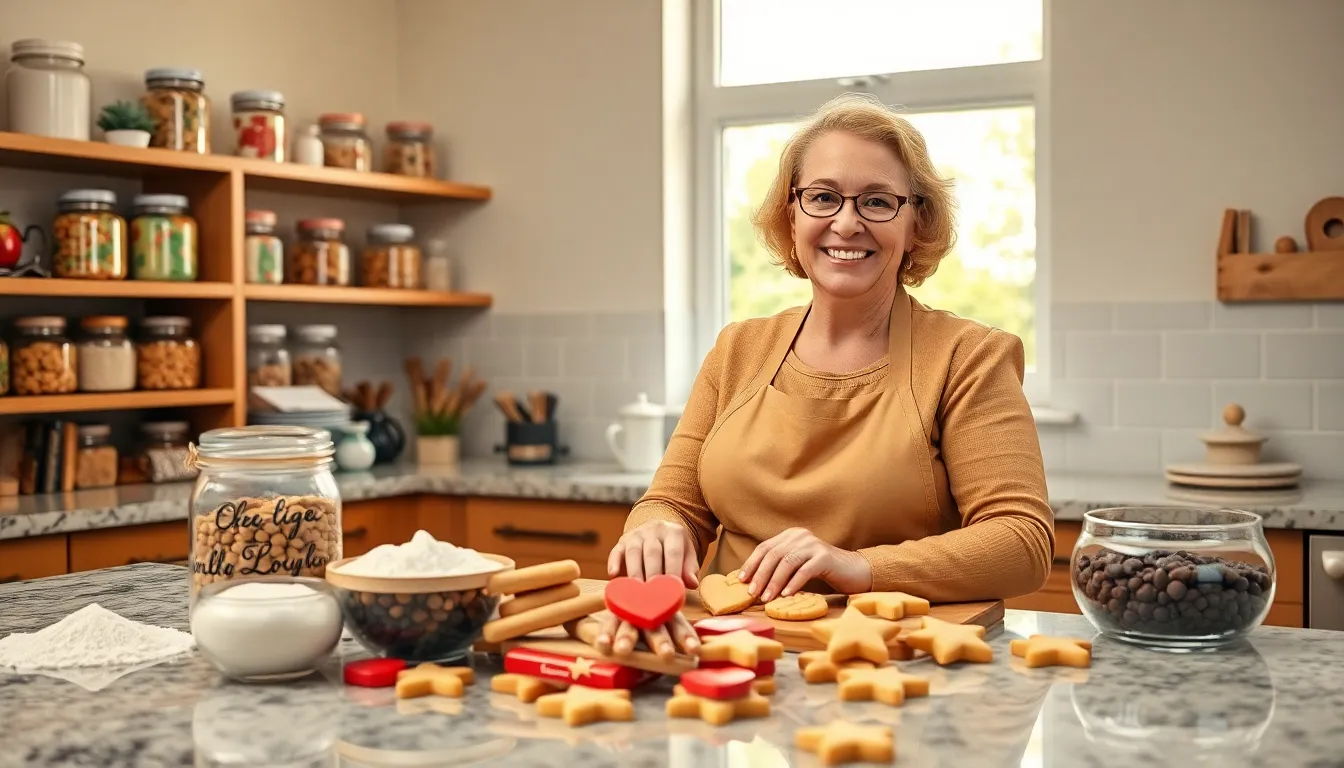 baker Mary creating heart-shaped cookies in a modern kitchen.