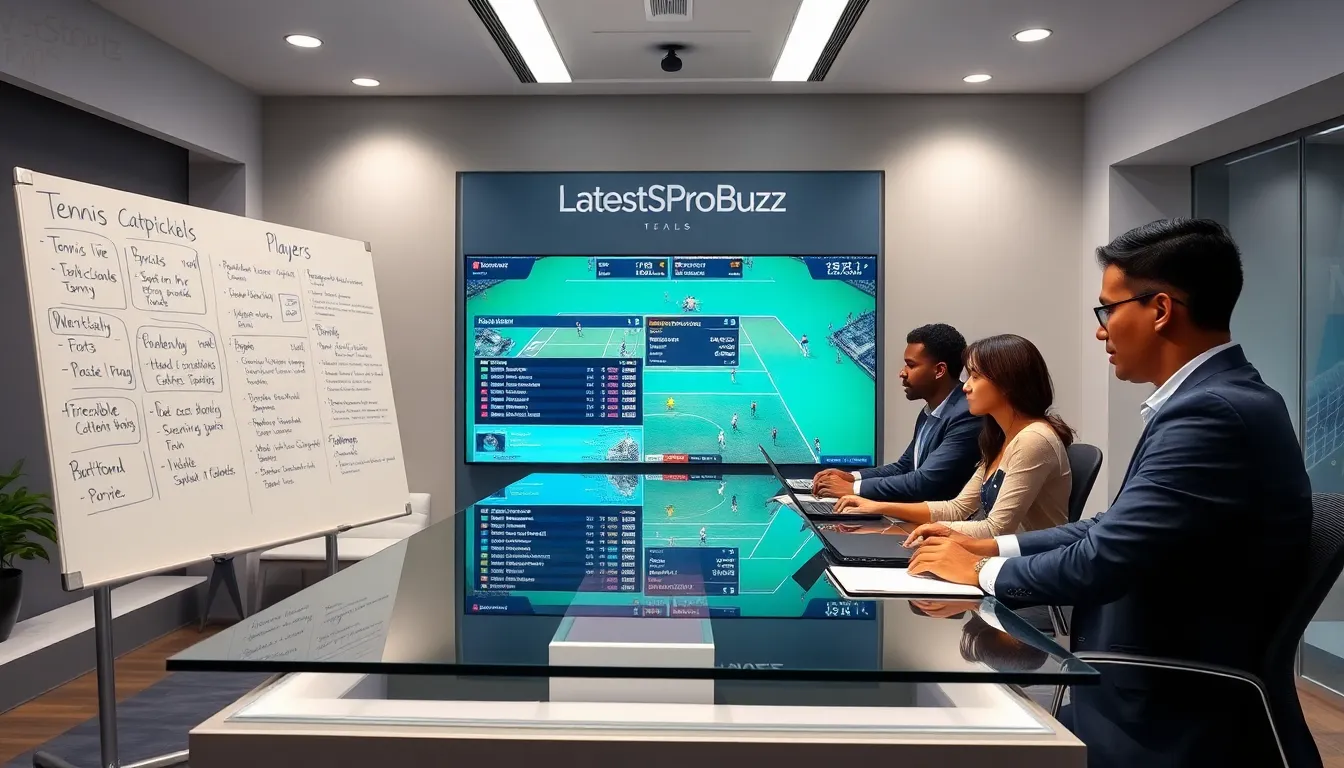 team analyzing tennis statistics in a modern newsroom.