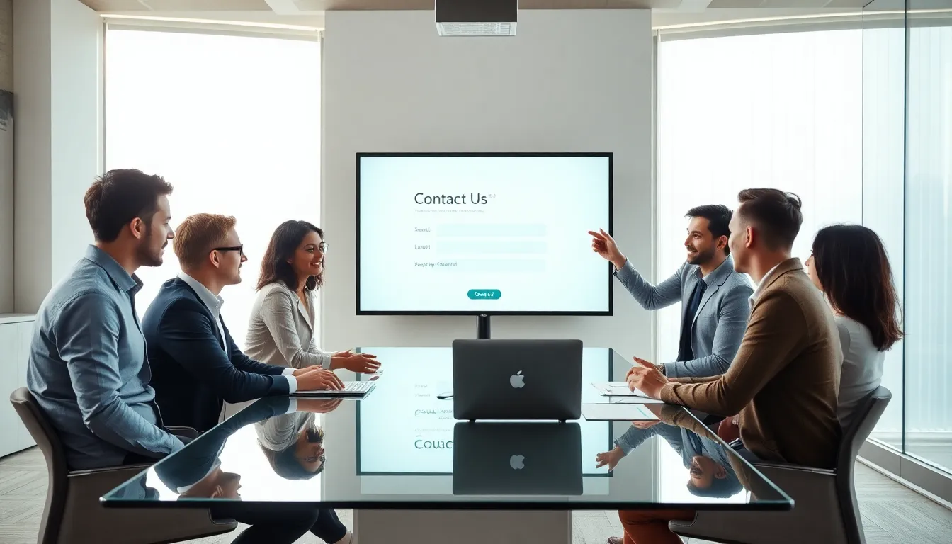 diverse team discussing a contact us form in a modern office.