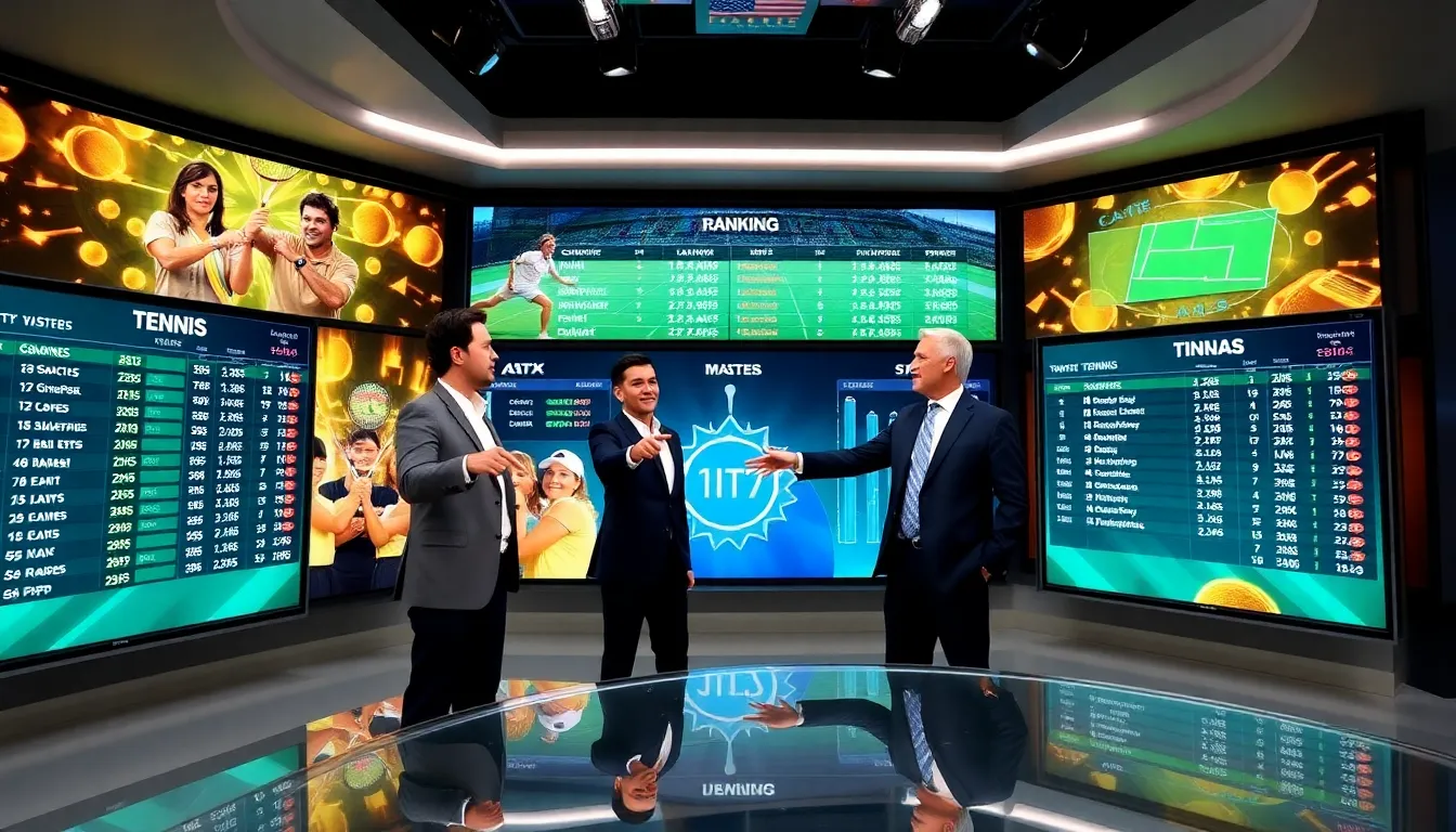 sports analysts discussing current tennis rankings in a modern newsroom.