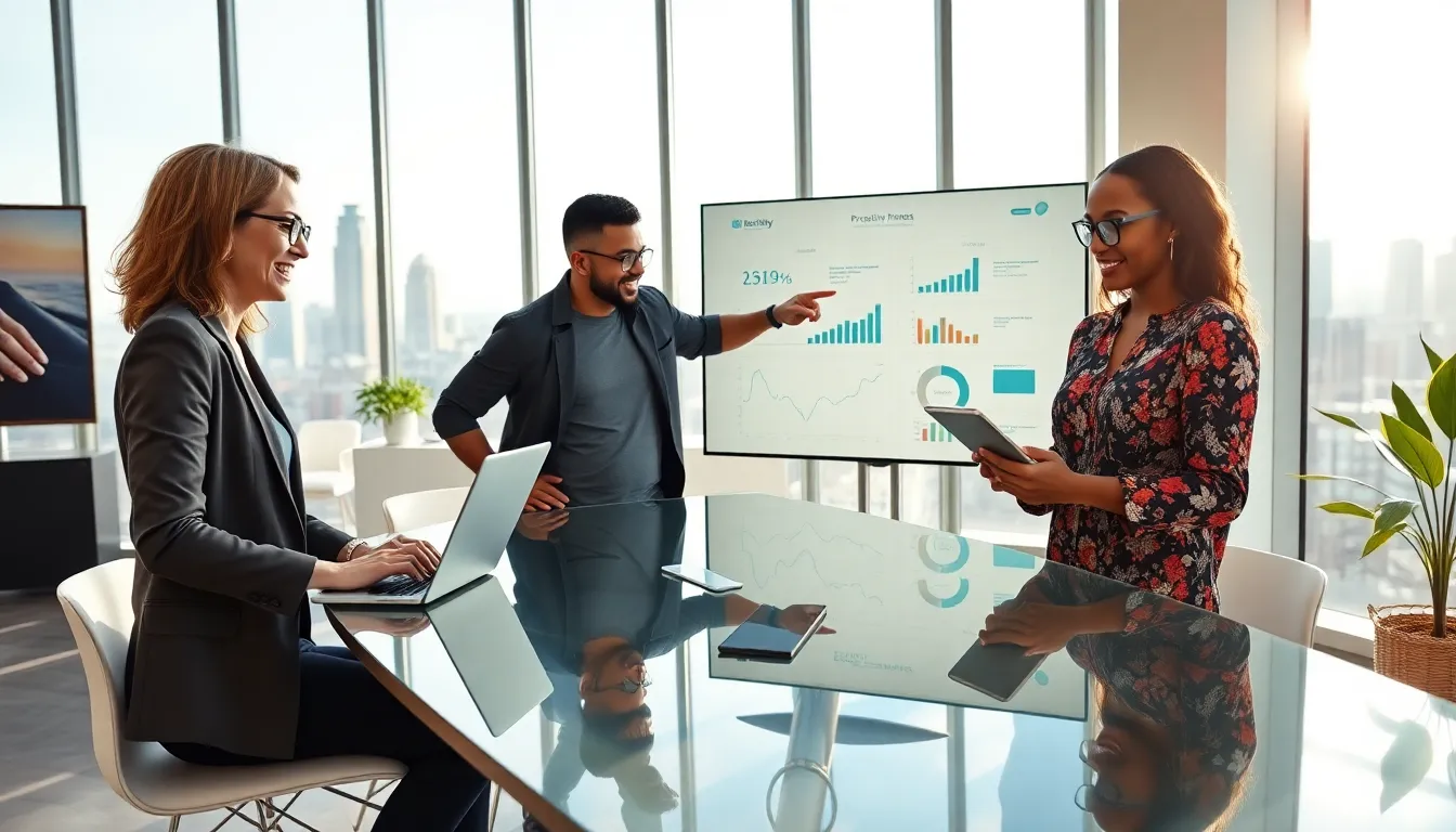 three professionals collaborating in a modern office around a conference table.