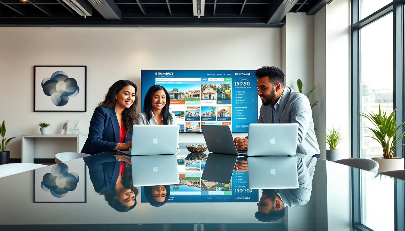 diverse team collaborating in a modern real estate office setting.