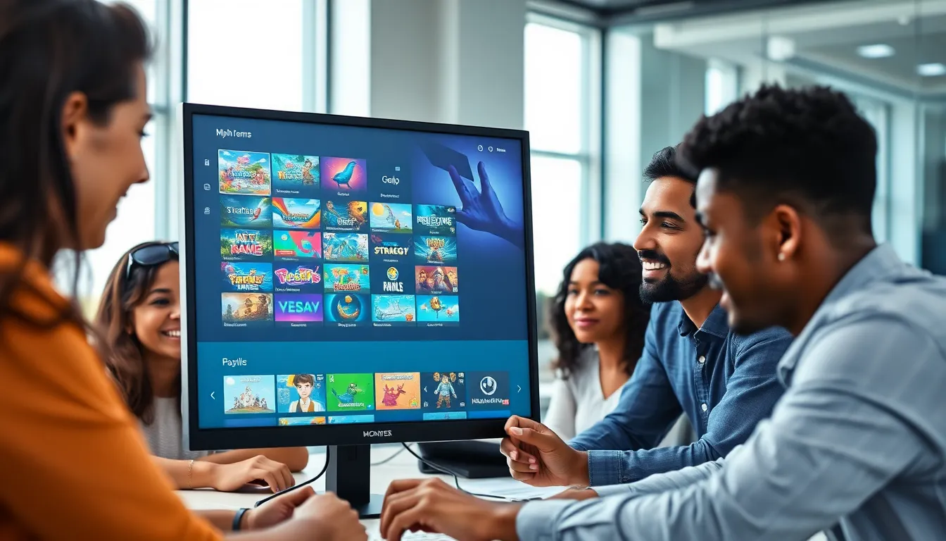 diverse team enjoying games on a modern computer interface.