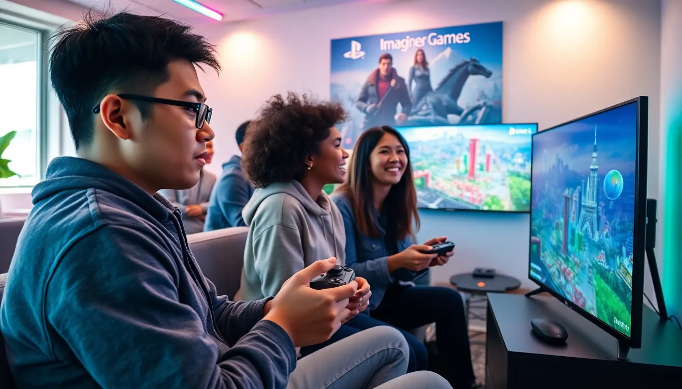diverse group of gamers enjoying Imagineer Games in a modern lounge.