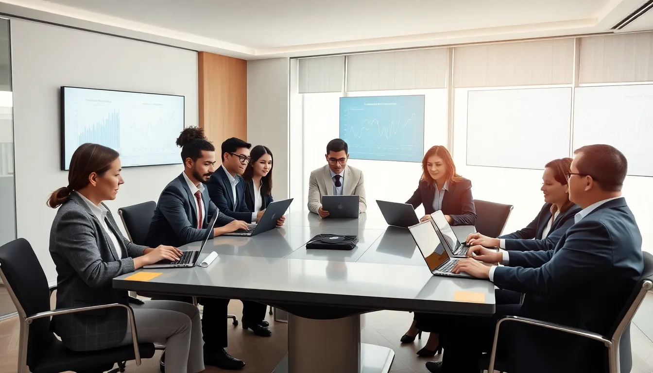 diverse team discussing data management in a modern office.