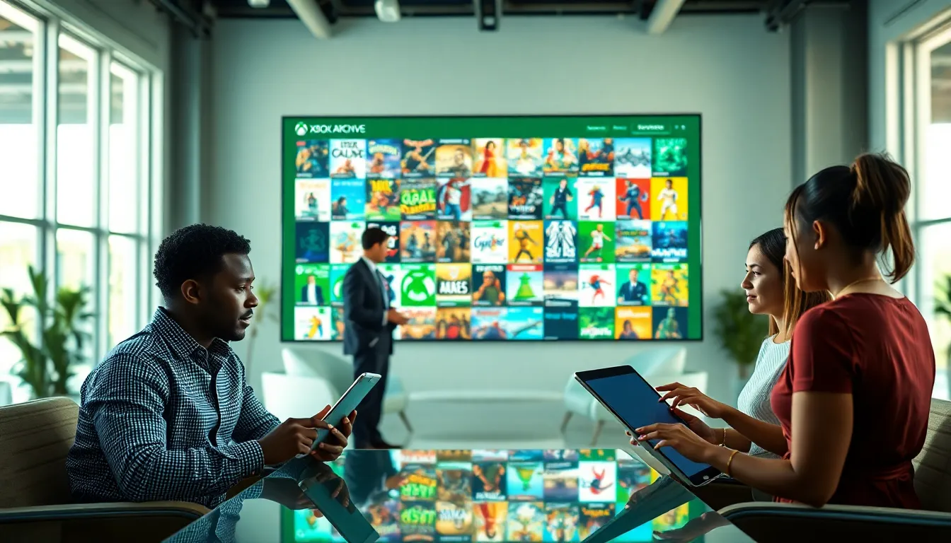 professionals discussing Xbox game history in a modern office.